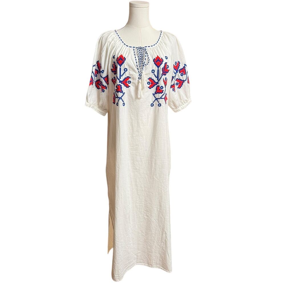 Piombo Cover-Up Kaftan Floral Embroidery Dress Size L Short Sleeves 100% Cotton